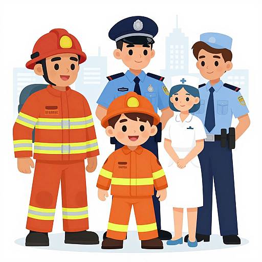 Colorful cartoon illustration of five diverse emergency responders: two firefighters, two police officers, and a nurse, standing together.