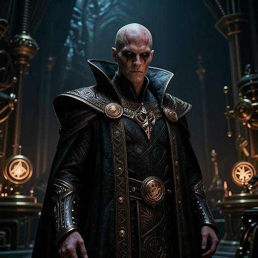 CGI image of a bald, scarred man with dark makeup, wearing a detailed black and gold ornate cloak in a dark, gothic cathedral