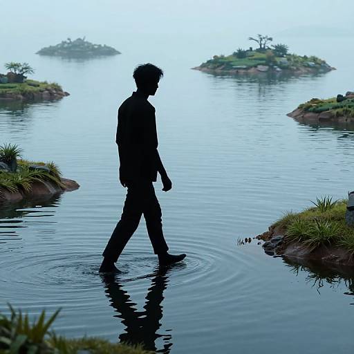 Silhouetted Walker Leaving Floating Islands