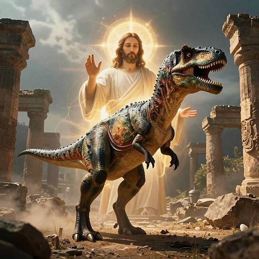 Jesus and Dinosaur Surreal Scene
