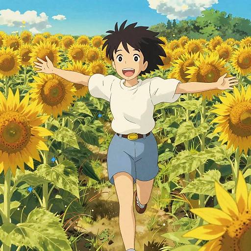Running Freely in Sunflower Field