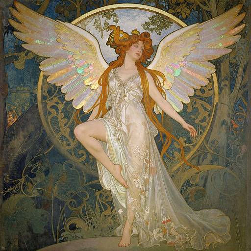 Aesthetic Art Nouveau painting of a red-haired angelic woman with iridescent wings, wearing a flowing, translucent white dress, poised gracefully against