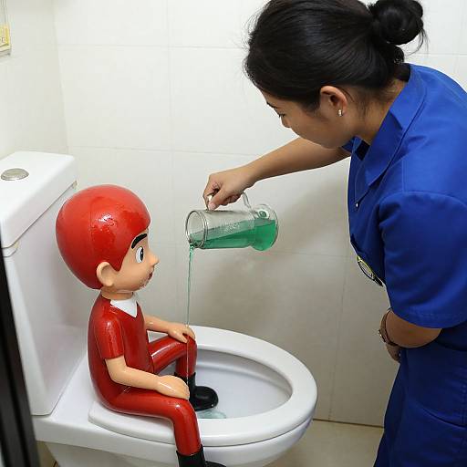 Photograph: Asian woman in blue uniform pours green liquid from glass into red doll's mouth, seated on white toilet in bright bathroom.