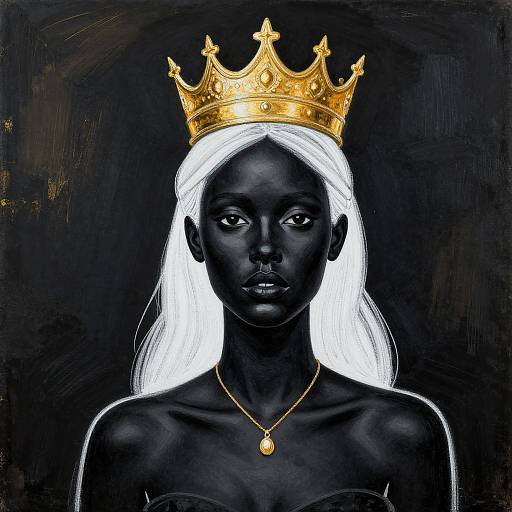 Digital portrait of a black woman with white hair, wearing a gold crown and necklace, set against a dark background.