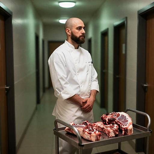 Mysterious Chef in Dimly Lit Hallway