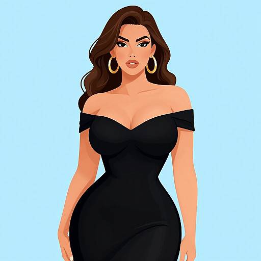 Digital illustration of a curvy woman with long brown hair, wearing a black off-shoulder dress and large gold hoop earrings, against a light blue