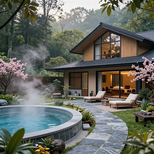 Photograph of a modern two-story house with a hot tub, steam rising, surrounded by cherry blossoms, outdoor furniture, and a stone path.