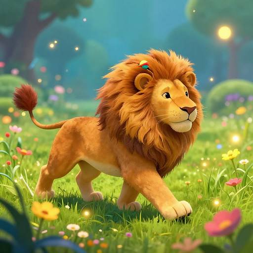 Digital illustration of a cute, cartoon-style lion with a golden mane walking through a vibrant, colorful meadow filled with glowing flowers and soft, blurred trees