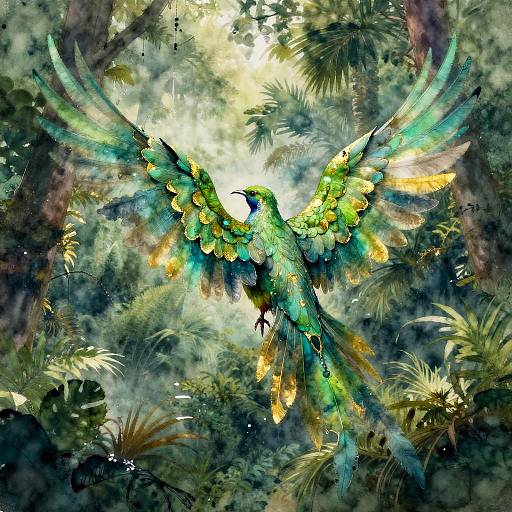 Digital painting of a vibrant, iridescent hummingbird with green, yellow, and blue feathers, wings spread wide, flying through a sunlit,