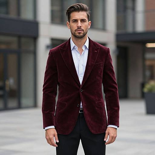 Photograph of a handsome, dark-haired man with a trimmed beard, wearing a deep burgundy velvet blazer over a white striped shirt, standing confidently