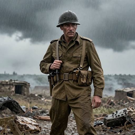 Realistic Middle-Aged Soldier in Storm