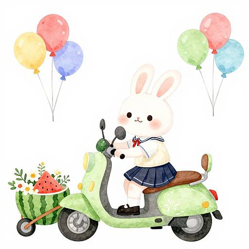 Cute watercolor illustration of a chibi panda riding a green scooter, holding colorful balloons, with a watermelon basket.