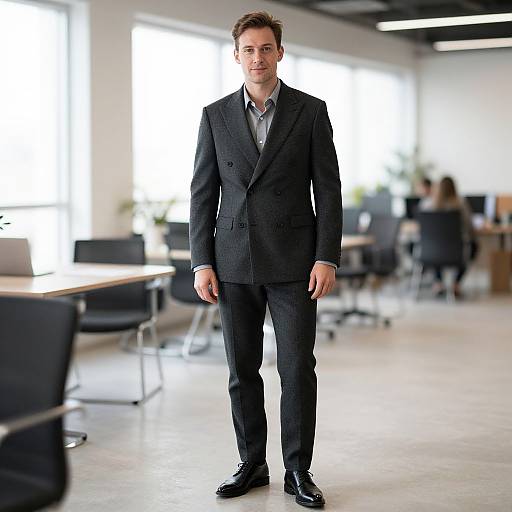 Photograph of a tall, slim, white man with short brown hair, wearing a dark gray suit, standing in a bright, modern office with blurred