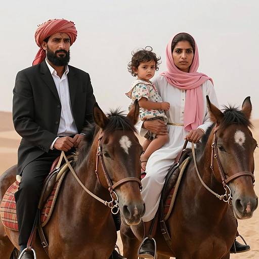 Family Riding Horses in Desert
