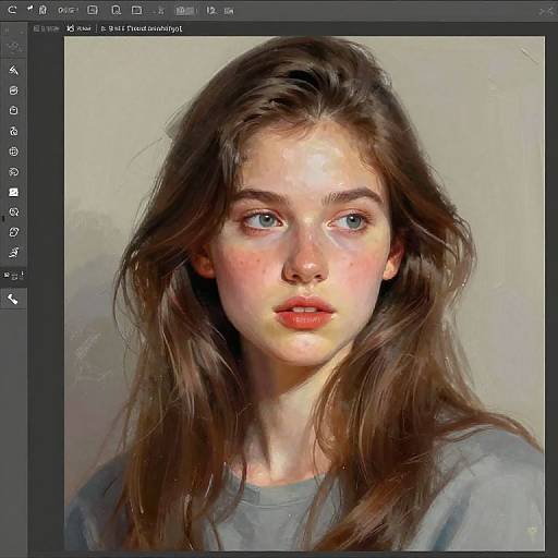 Digital portrait of a young woman with fair skin, blue eyes, and long brown hair, wearing a gray shirt, in a realistic style.