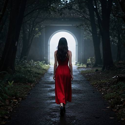 Woman in Red Dress Approaching Portal