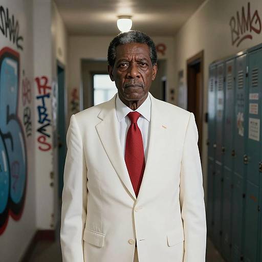 Older African American Man in White Suit and Red Tie in Graffiti Hallway