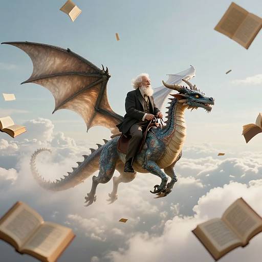 Digital illustration of an elderly man with a white beard riding a blue dragon through a sky filled with floating books.