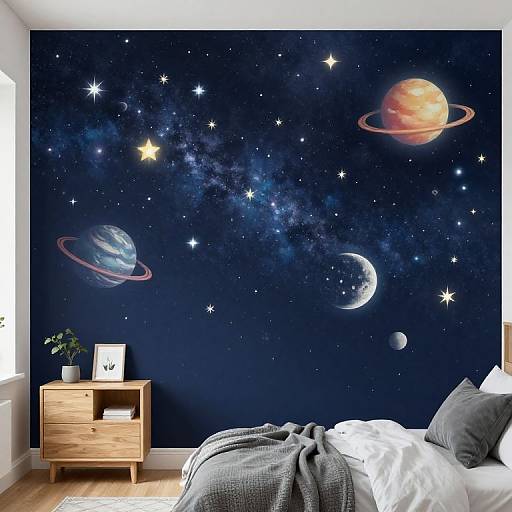 Photograph of a modern bedroom with a dark blue starry wall mural featuring planets and stars, wooden nightstand, white bed, gray blanket, and