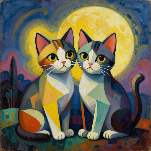 Digital painting of two stylized cats with bold, geometric patterns, sitting side by side under a luminous yellow moon, with a colorful, abstract night