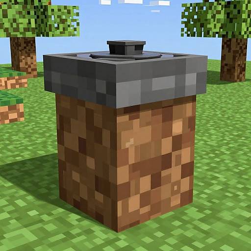 Pixel art of a Minecraft-style brick chimney with a gray top, set in a grassy field with pixelated trees and a blue sky.