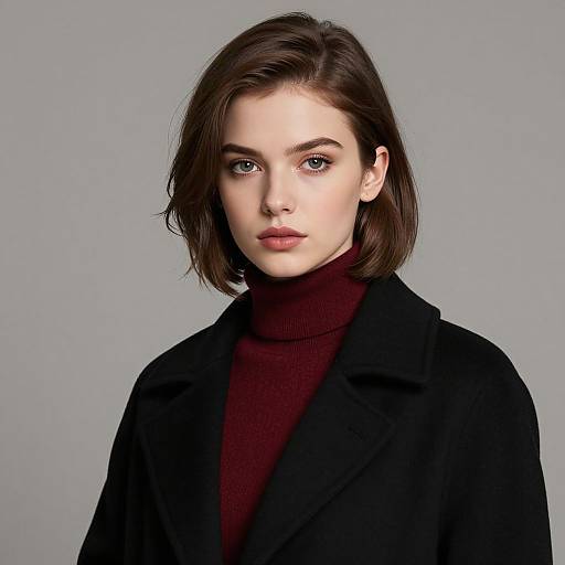 Photograph of a fair-skinned woman with shoulder-length brown hair, blue eyes, wearing a black coat over a maroon turtleneck, against