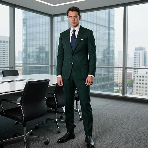 Photograph of a handsome, dark-haired man in a black pinstripe suit, white shirt, and navy tie, standing in a modern office with
