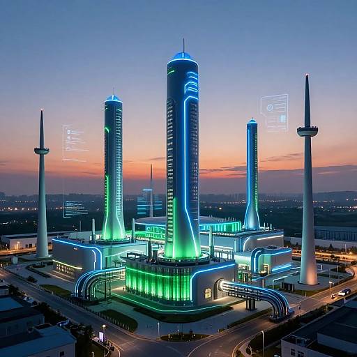 Futuristic cityscape at dusk with glowing blue and green skyscrapers, neon lights, and tall white towers against a purple-orange sky. Digital
