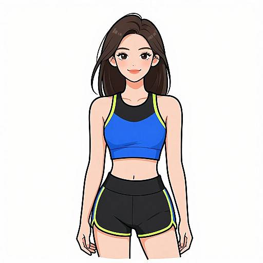Anime-style digital drawing of a cute, smiling young woman with straight brown hair, wearing a blue sports bra and black shorts with yellow trim, standing against