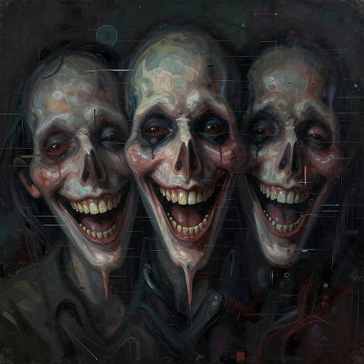 Digital painting of three sinister, grinning skulls with dark, hollow eyes and dripping saliva, set against a dark, textured background with horizontal lines.