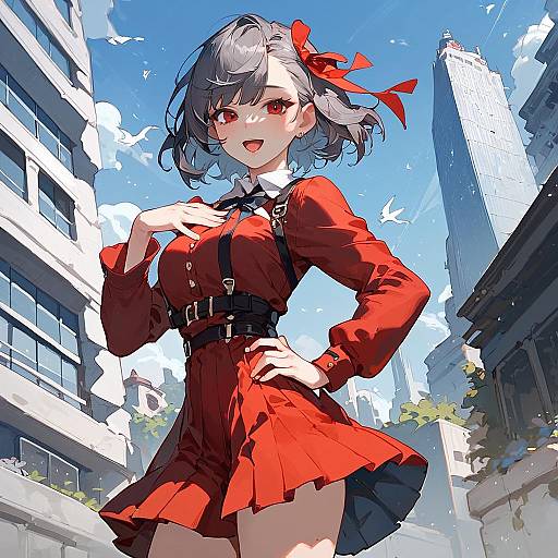 Anime Smiling City Girl in Two-Tone Dress