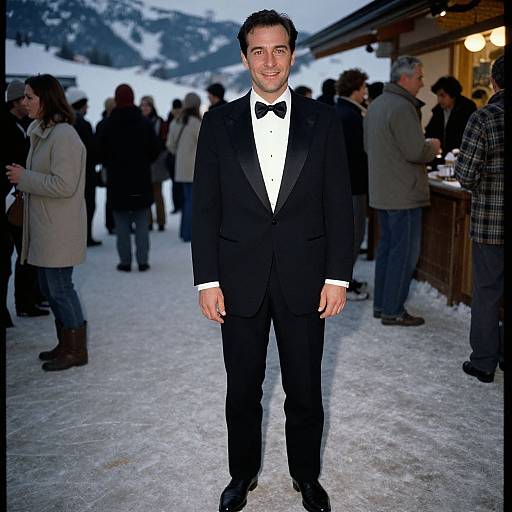 Confident Man in Classic Tuxedo Après-Ski