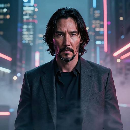 Photorealistic digital portrait of a rugged, middle-aged man with black hair and beard, wearing a dark blazer and black shirt, standing in a