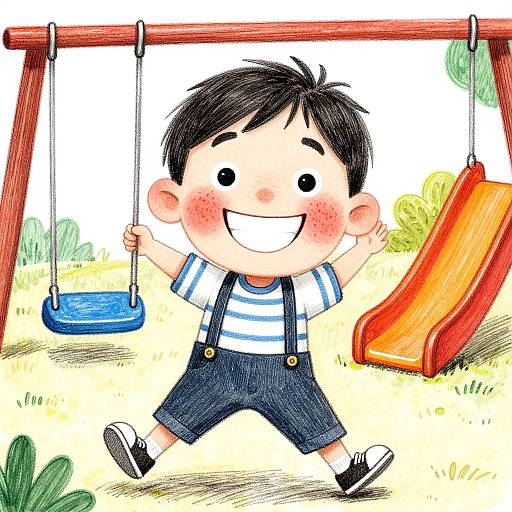 Colorful cartoon drawing of a happy boy with black hair, rosy cheeks, wearing striped shirt and blue overalls, swinging on a red swing set