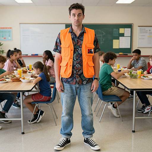 Casual Man in School Cafeteria Scene