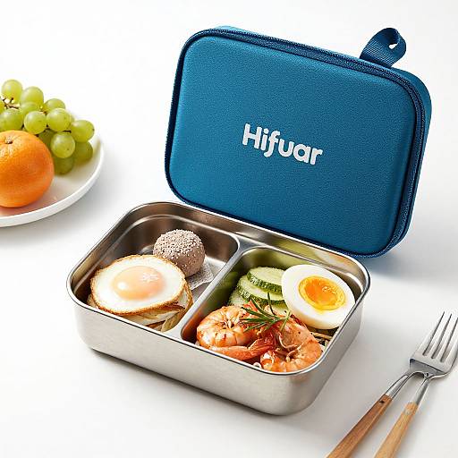 Photograph of a Hiware blue lunchbox with compartments of scrambled egg, sushi, shrimp, and quail egg, beside grapes and utensils.