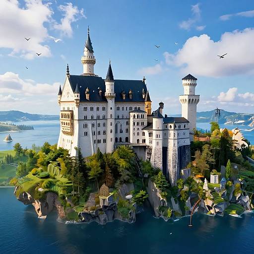 Digital artwork of a grand, white, medieval castle with multiple towers, surrounded by lush greenery and a lake, under a bright blue sky with scattered