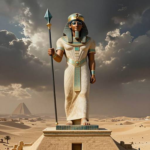 Digital artwork of an ancient Egyptian deity statue, standing in a desert with a pyramid in the background, holding a tall spear. Cloudy sky, sandy