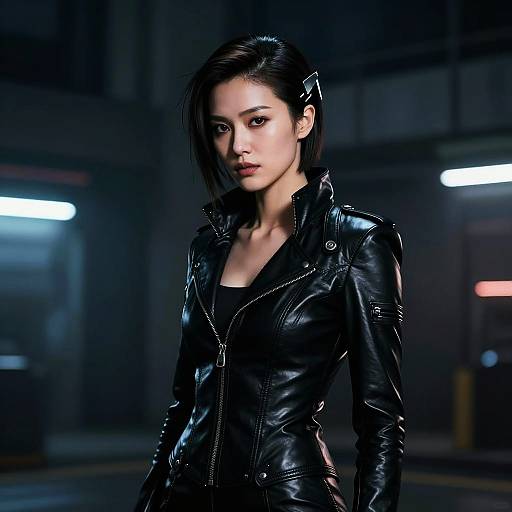 Futuristic Woman in Black Leather Jacket