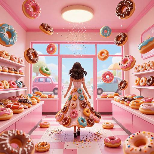 Digital artwork of a girl in a pink dress with doughnut-patterned skirt, standing in a pink doughnut shop with floating doughnuts. Bright,