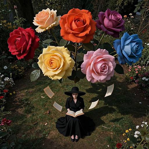 Photograph of a woman in black dress and hat, reading book, surrounded by colorful giant roses (red, orange, yellow, pink, blue)
