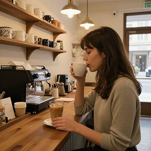Photograph of a brunette woman in a beige sweater, sipping coffee at a cozy café counter with wooden shelves of mugs.