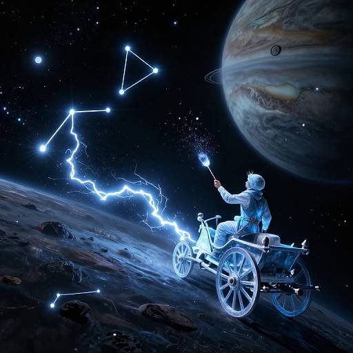 Digital artwork: Astronaut in space suit on glowing blue wheelchair, drawing constellations with a glowing pen, near a large planet.