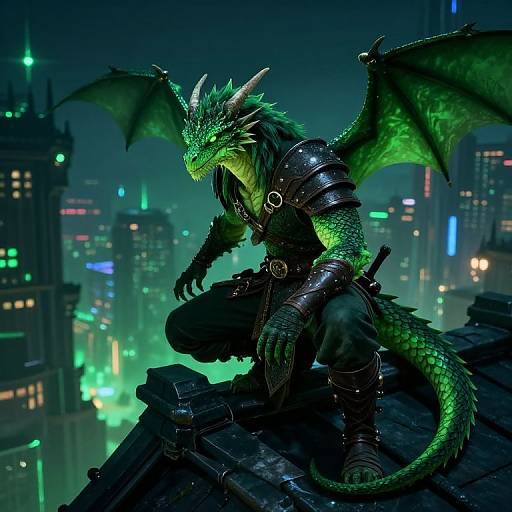 Digital artwork of a muscular, green-scaled dragon warrior with horns and wings, crouching on a rooftop, wearing dark armor, overlooking a neon