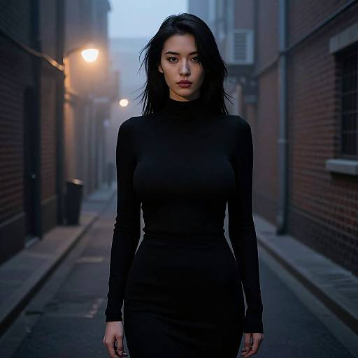 Photograph of a serious Asian woman with long black hair, wearing a tight black long-sleeve dress, standing in a foggy, narrow urban