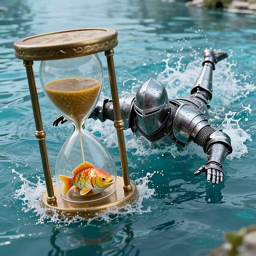 Photograph of a silver-armored knight swimming in a blue pool, chasing a goldfish in a glass hourglass, water splashing around.