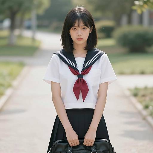 Asian Girl in Sailor Uniform on Path