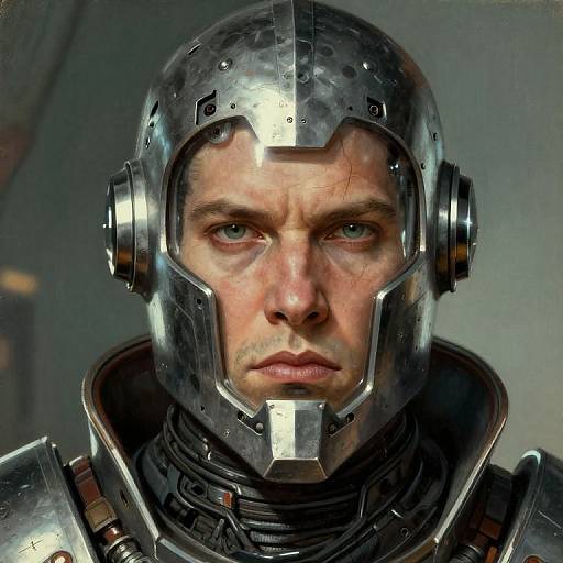 Close-up photograph of a serious, blue-eyed man in a detailed, metallic, futuristic armor helmet with earpieces, set against a gray background.