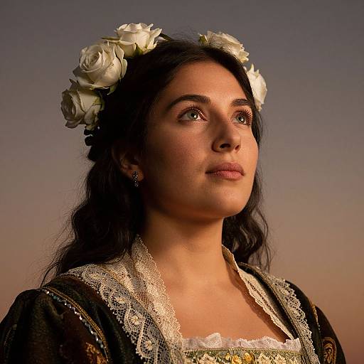 Photograph of a young woman with olive skin, dark hair, and green eyes, wearing a white rose crown and lace-trimmed medieval dress,