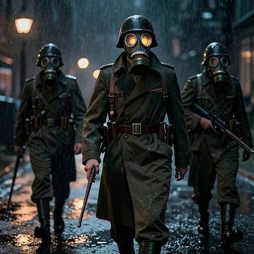 Photograph-style digital art: Three soldiers in gas masks and trench coats, holding rifles, walk through a rainy, dimly-lit street at night